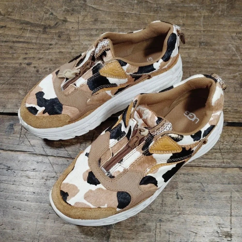 Ugg Sneakers 7.5 Cow Print 1120717 Brown Black Cream Zip Shoes Platform Suede